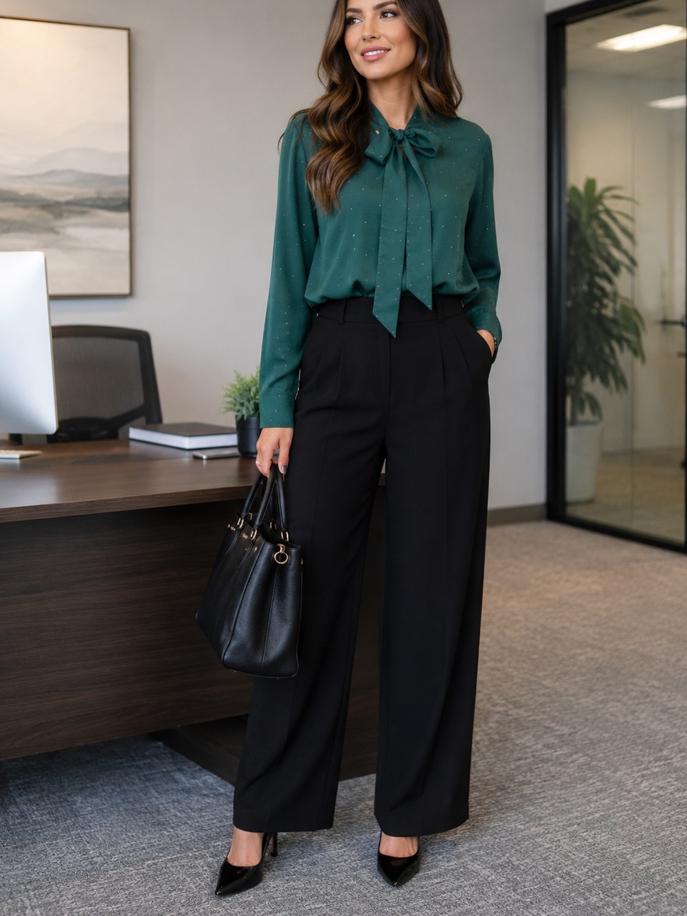 Lane Bryant Emerald Green Tie-Neck Long Sleeve Blouse- Emerald Green- Size 18/20